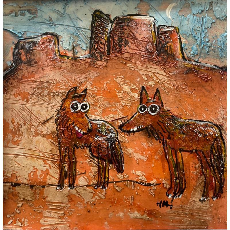 Peinture Coyotes in Arizona par Maury Hervé | Tableau Art Singulier Animaux Encre Sable