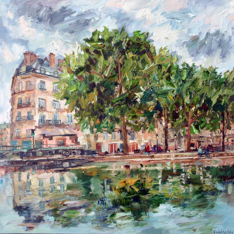 Peinture Canal St. Martin par Novokhatska Olga | Tableau Figuratif Urbain Huile Acrylique