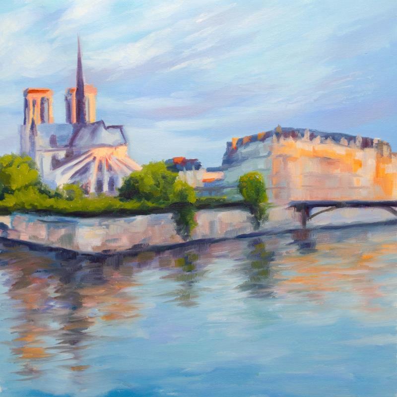 Painting Notre Dame et Seine pastels  by Eugène Romain | Painting Figurative Landscapes Oil