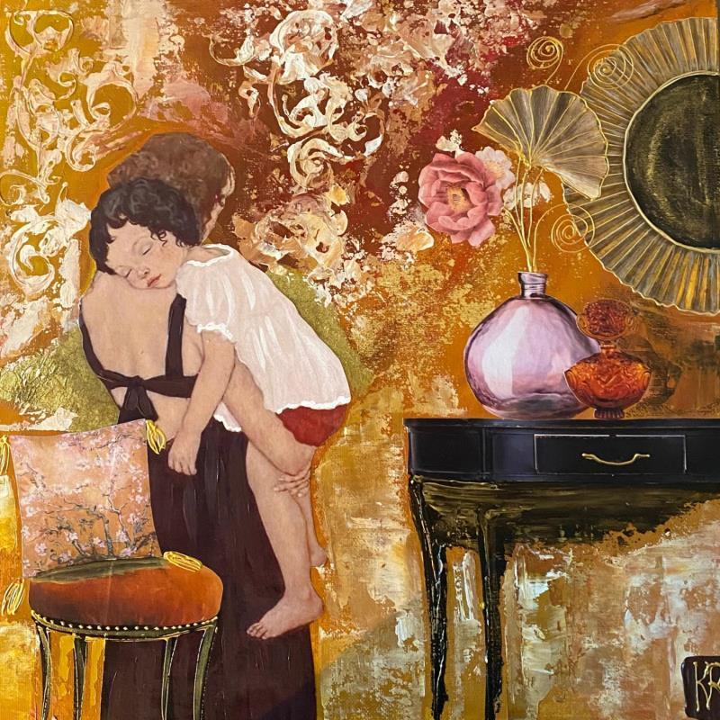 Gemälde Mon amour  von Romanelli Karine | Gemälde Figurativ Acryl, Blattgold, Collage, Papier, Pastell, Posca Alltagsszenen, Kinder