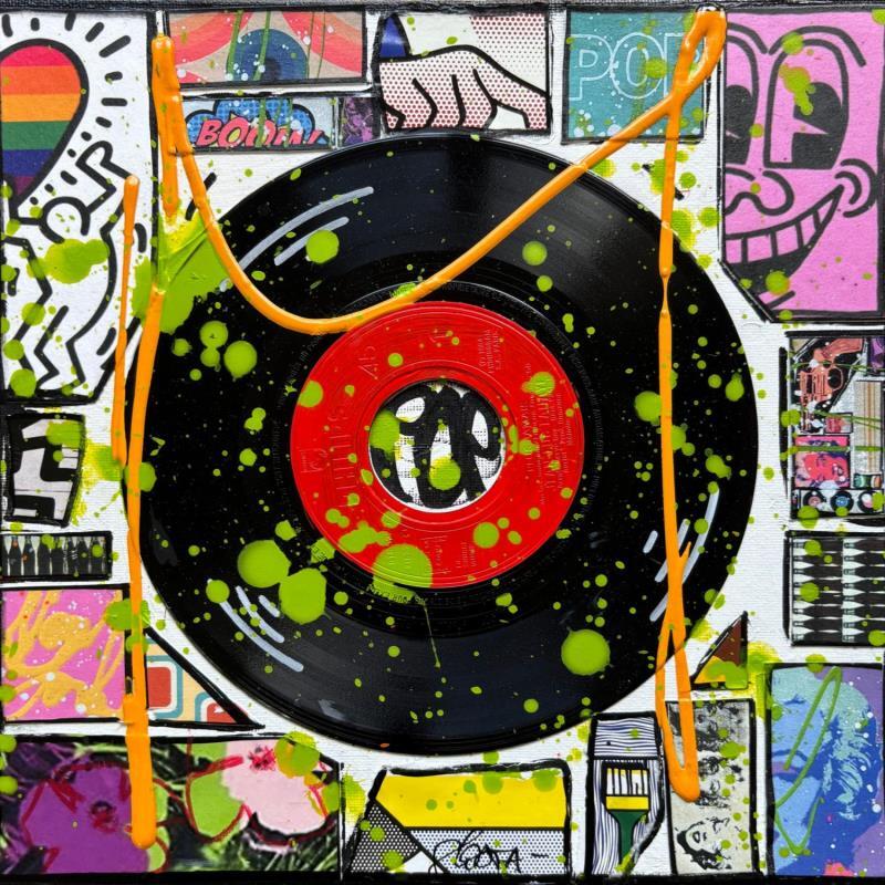 Gemälde POP VINYLE (rouge) von Costa Sophie | Gemälde Pop-Art Pop-Ikonen Acryl Collage Upcycling
