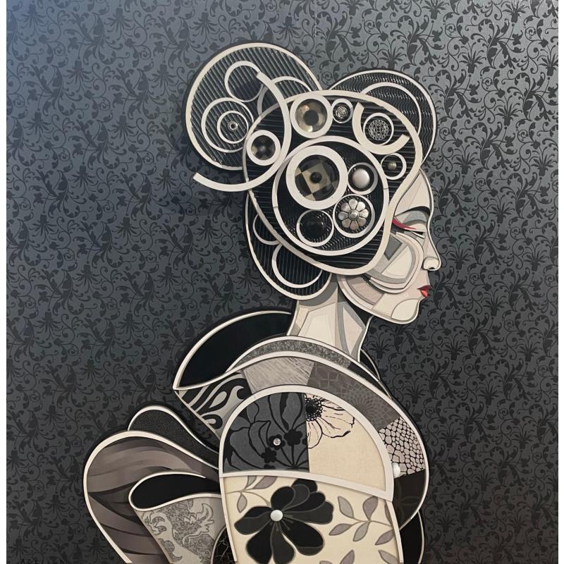 Peinture Geisha de profil par Hernandez Abelardo | Tableau Matiérisme Icones Pop Collage Upcycling