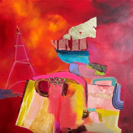 Painting La flamme by Lau Blou | Painting Abstract Acrylic, Gluing, Gold leaf, Paper, Pastel Landscapes