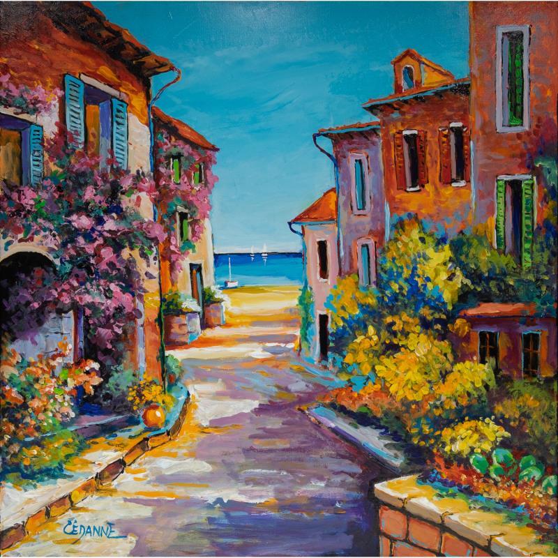 Peinture Ruelle colorée ouverte sur la méditerranée par Cédanne | Tableau Figuratif Acrylique, Huile Paysages, Scènes de vie, Urbain