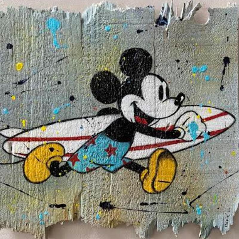Gemälde F3  Mickey surfe von Marie G.  | Gemälde Pop-Art Pop-Ikonen Holz Acryl