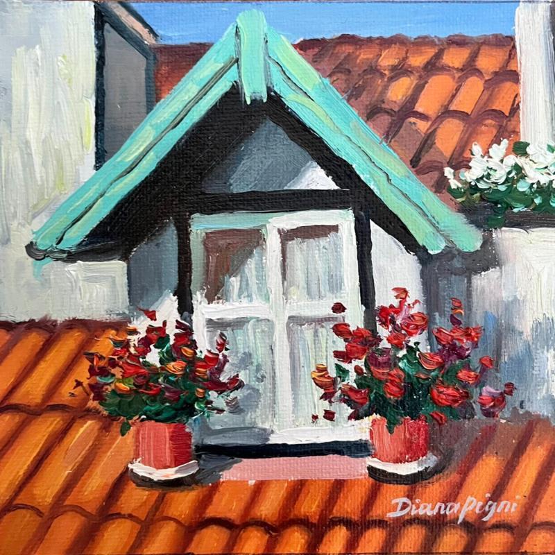 Painting Charming Rooftop by Pigni Diana | Painting Figurative Oil Architecture, Landscapes, Urban