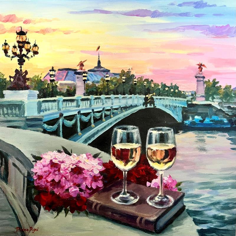 Peinture A Sunset on Seine River par Pigni Diana | Tableau Figuratif Acrylique, Huile Architecture, Natures mortes, Urbain