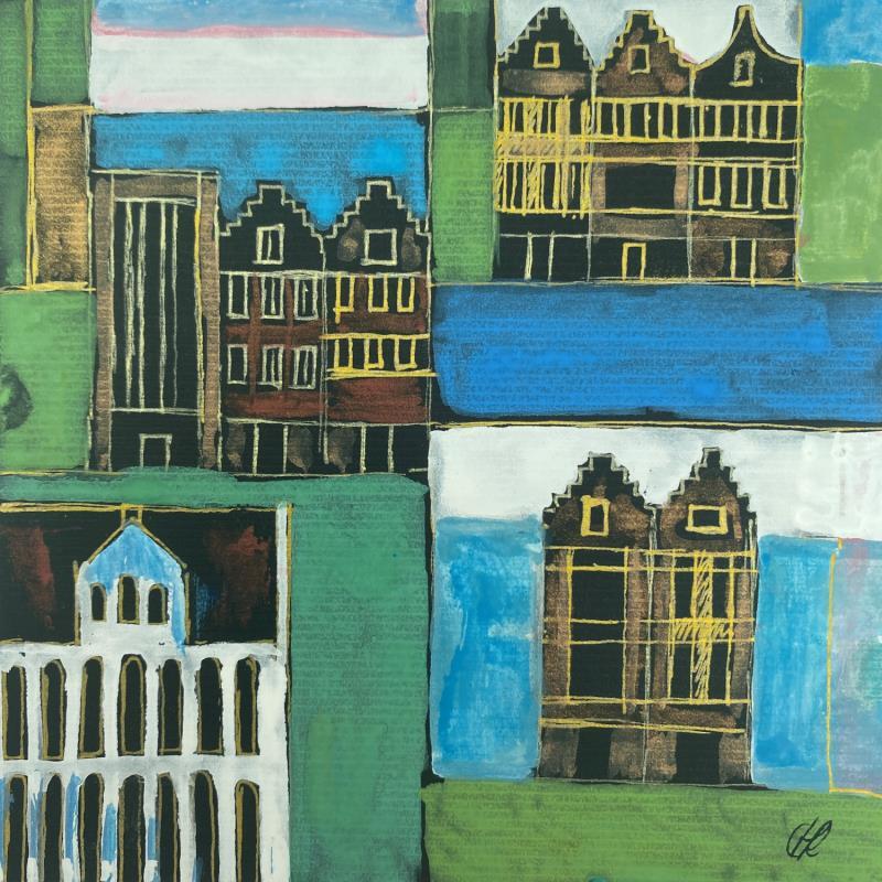 Painting HR 1284 green world by Ragas Huub | Painting Figurative Architecture Cardboard Gouache
