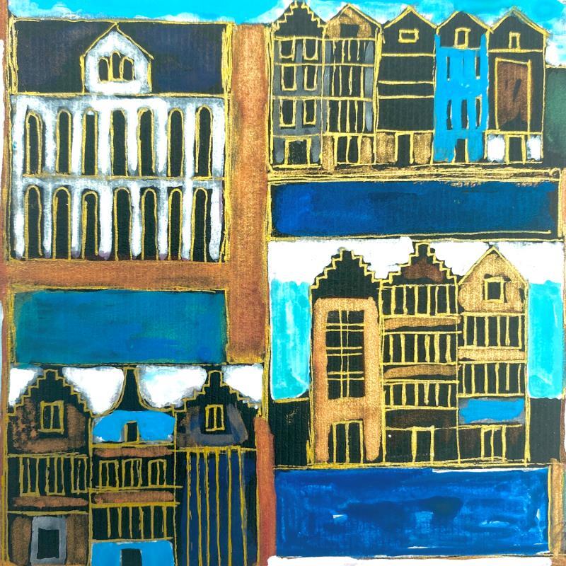 Painting HR 1289 turquoise by Ragas Huub | Painting Figurative Architecture Cardboard Gouache