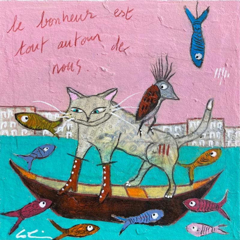 Gemälde Le bonheur est tout autour de nous von Colin Sylvie | Gemälde Art brut Acryl, Collage, Pastell Tiere
