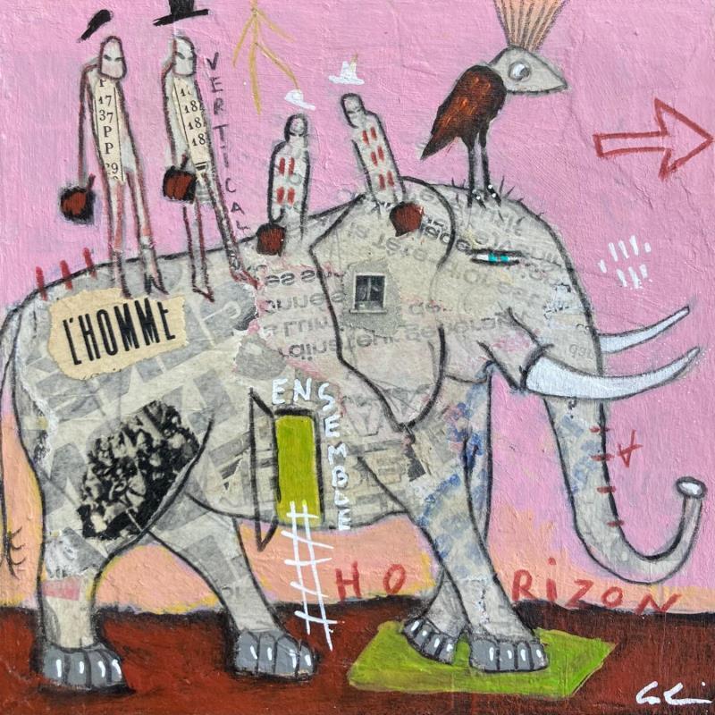 Gemälde L’homme ! von Colin Sylvie | Gemälde Art brut Tiere Acryl Collage Pastell