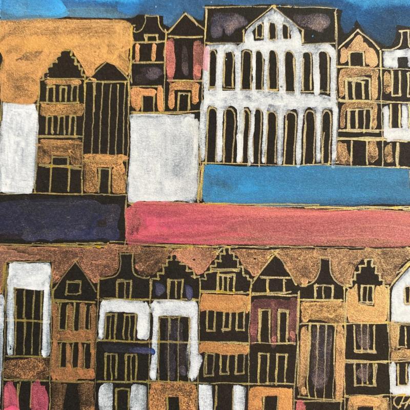 Gemälde HR 1318 casas d'oro agua azul von Ragas Huub | Gemälde Art brut Architektur Pappe Gouache