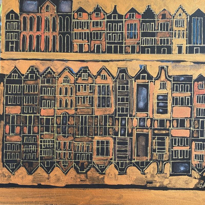 Gemälde HR 1322 golden Amsterdam  von Ragas Huub | Gemälde Art brut Architektur Pappe Gouache