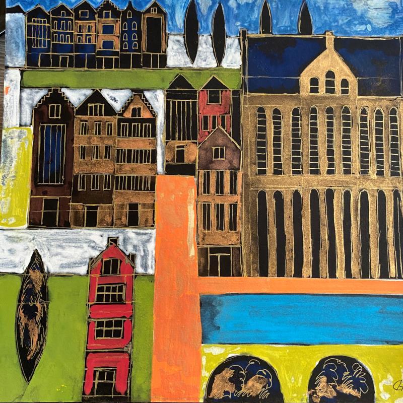 Peinture HR 1335 land of the green and terraced houses par Ragas Huub | Tableau Art Singulier Carton, Gouache Architecture