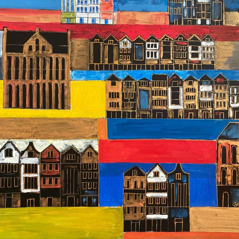 Painting HR 1339  Terraced houses in colourfull Amsterdam by Ragas Huub | Painting Raw art Architecture Gouache