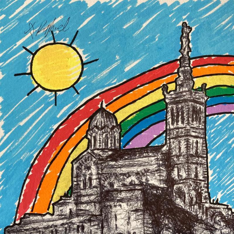 Peinture Notre Dame de la Garde et l’arc en ciel par André Raphaël | Tableau Figuratif Acrylique Architecture, Nature, Paysages