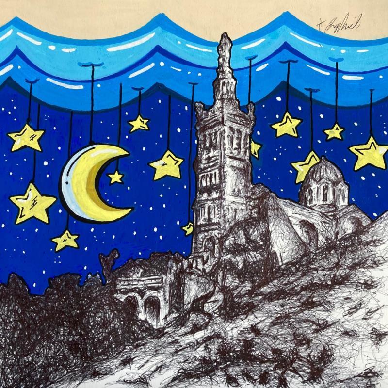 Peinture Notre Dame de la Garde de nuit  par André Raphaël | Tableau Figuratif Paysages Nature Architecture Acrylique