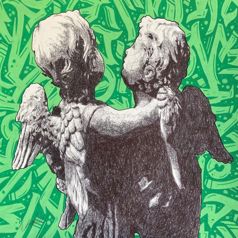 Peinture Anges aux Graffitis verts par André Raphaël | Tableau Figuratif Acrylique Portraits, Scènes de vie, Urbain
