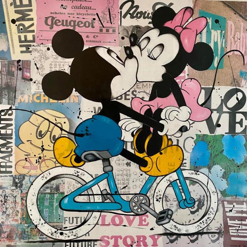 Gemälde 80x80  Romance à bicyclette von Marie G.  | Gemälde Pop-Art Acryl, Collage, Holz Pop-Ikonen