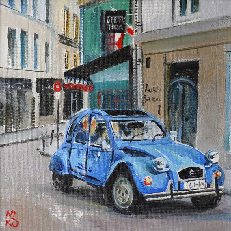 Gemälde Paris 30 - Voiture bleue von Niko Marina  | Gemälde Figurativ Öl Pop-Ikonen, Urban