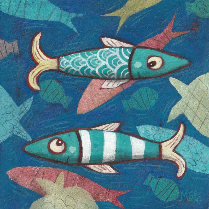 Painting Rencontre de poissons by Catoni Melina | Painting Naive art Acrylic Animals, Marine, Nature