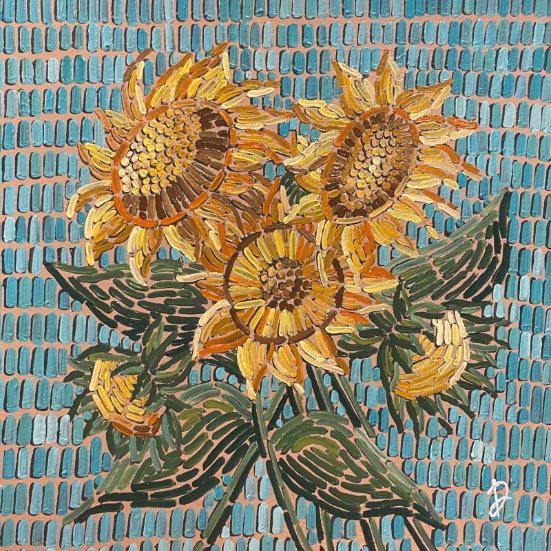 Peinture Sunflowers on turquoise  par Dmitrieva Daria | Tableau Impressionnisme Acrylique Nature