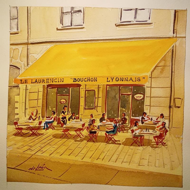 Peinture Touristes prenant leur petite déjeuner à Lyon  par De León Lévi Marcelo | Tableau Figuratif Urbain Aquarelle