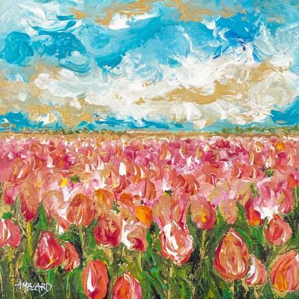 Gemälde Champ de tulipes roses  von Florence Amblard | Gemälde Figurativ Acryl Natur