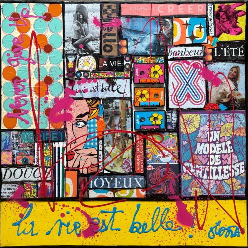 Peinture La vie est belle ! (never give up) par Costa Sophie | Tableau Pop-art Acrylique Collage Upcycling