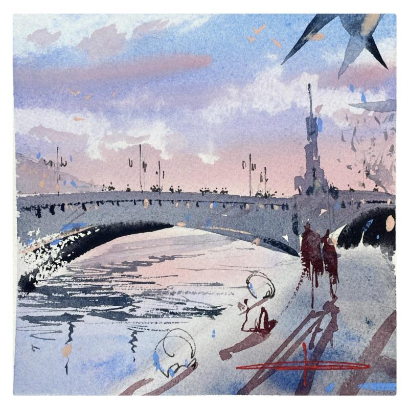 Gemälde Promenade sur les quais de Seine von Bailly Kévin  | Gemälde Figurativ Urban Architektur Aquarell Tinte