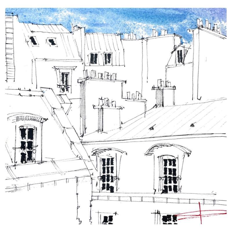 Peinture Les toits de Paris  par Bailly Kévin  | Tableau Figuratif Aquarelle, Encre Architecture, Urbain