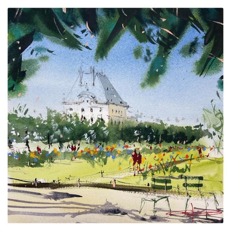Peinture Le jardin des tuileries  par Bailly Kévin  | Tableau Figuratif Urbain Architecture Aquarelle Encre
