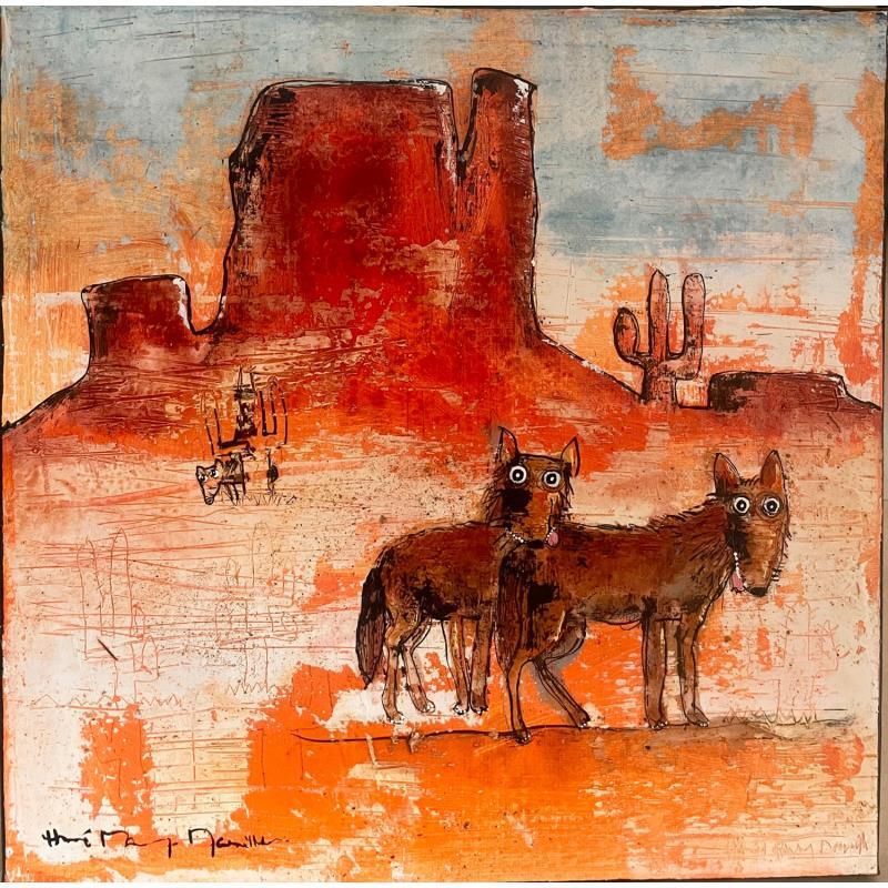 Painting Coyotes in the Red Rocks of Arizona by Maury Hervé | Painting Raw art Animals Posca Sand Pigments