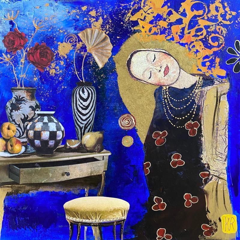 Painting L’heure bleue  by Romanelli Karine | Painting Figurative Acrylic, Gluing, Gold leaf, Paper, Pastel, Posca Life style, Portrait