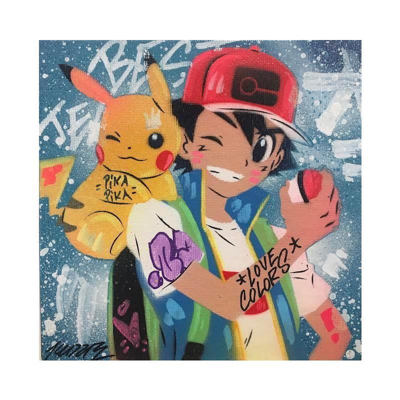 Peinture Pikachu et Sacha par Kedarone | Tableau Pop-art Icones Pop Graffiti Acrylique