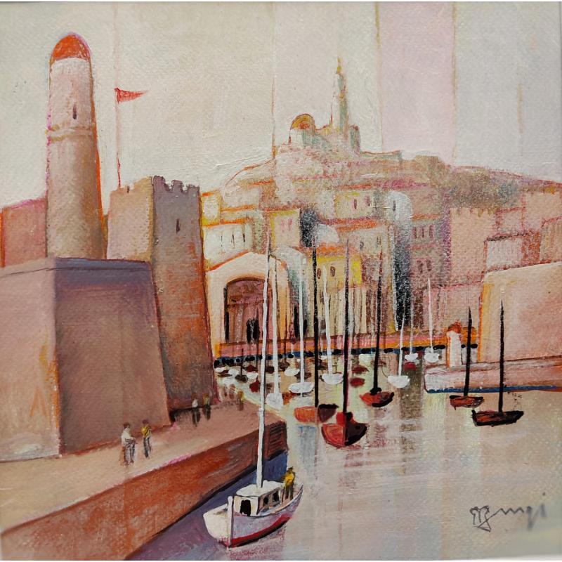 Gemälde Entrée au port von Burgi Roger | Gemälde Figurativ Landschaften Alltagsszenen Architektur Acryl