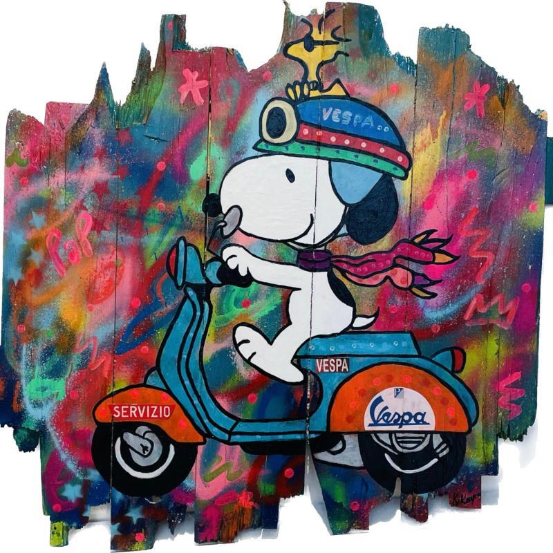 Painting snoopy vespa by Kikayou | Painting Pop-art Urban Pop icons Graffiti Wood Acrylic Gluing