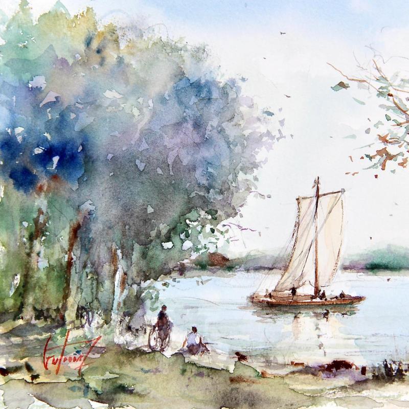 Peinture La Halte - la Loire par Gutierrez | Tableau Impressionnisme Paysages Aquarelle