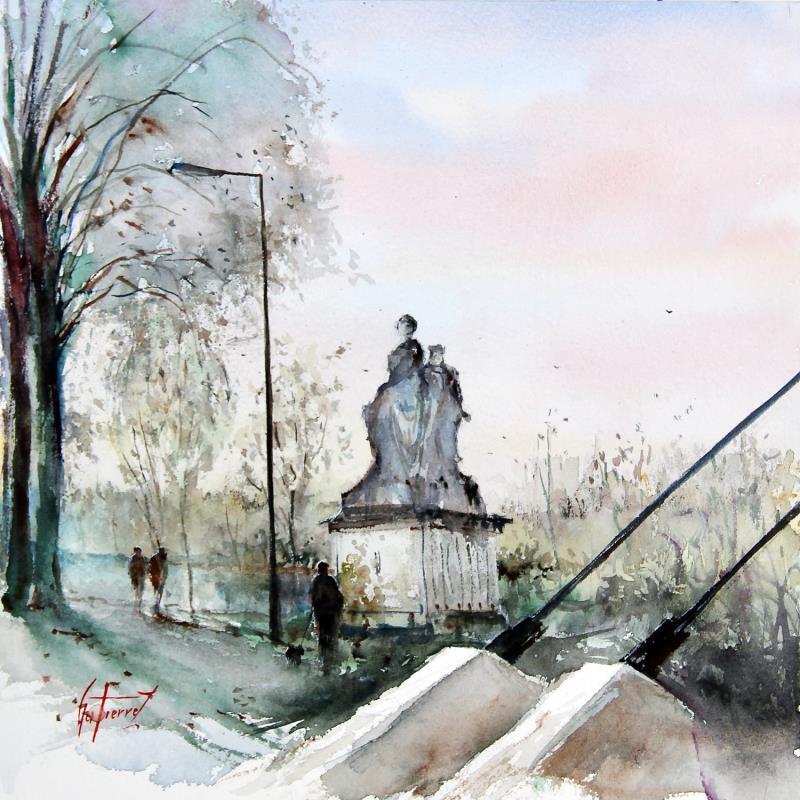 Gemälde La statue du pont de Fil von Gutierrez | Gemälde Impressionismus Aquarell Urban