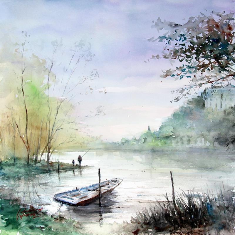 Gemälde Petit matin sur la Loire von Gutierrez | Gemälde Impressionismus Landschaften Aquarell