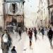 Peinture Un dimanche place Plumereau par Gutierrez | Tableau Impressionnisme Urbain Aquarelle