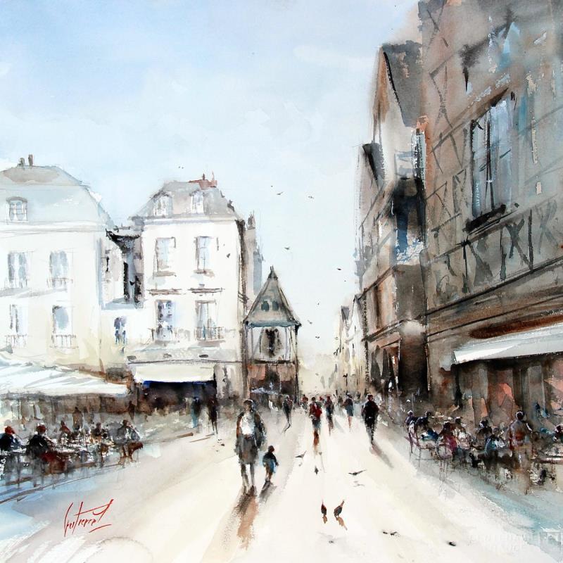 Painting Un dimanche place Plumereau by Gutierrez | Painting Impressionism Urban Watercolor
