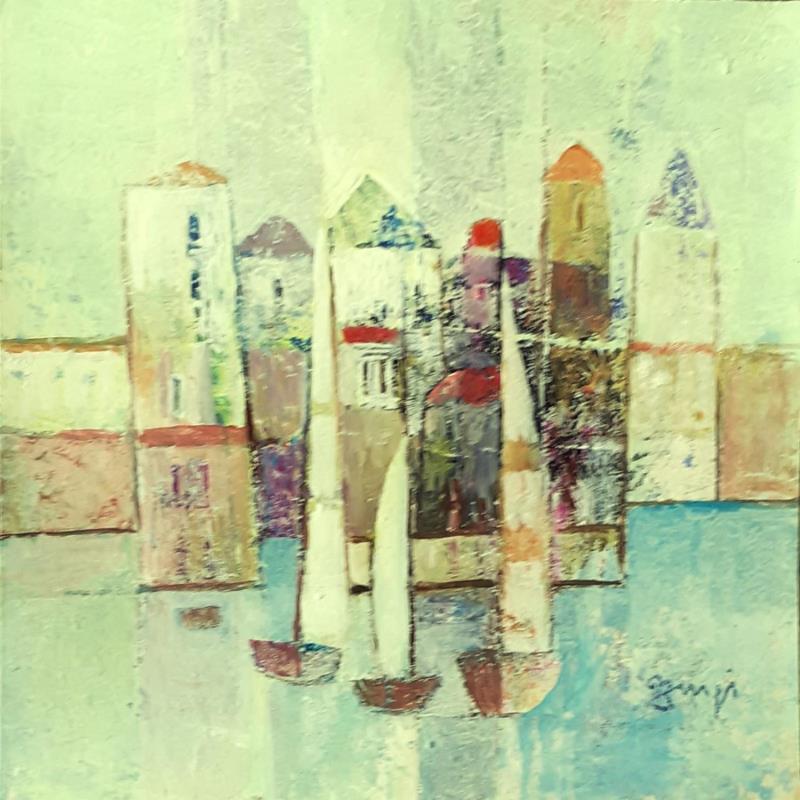 Painting AL70 COMPOSITION BLEUE by Burgi Roger | Painting Figurative Urban Marine Acrylic