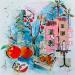 Gemälde La caisse d' oranges von Colombo Cécile | Gemälde Naive Kunst Landschaften Natur Alltagsszenen Aquarell Acryl Collage Tinte Pastell