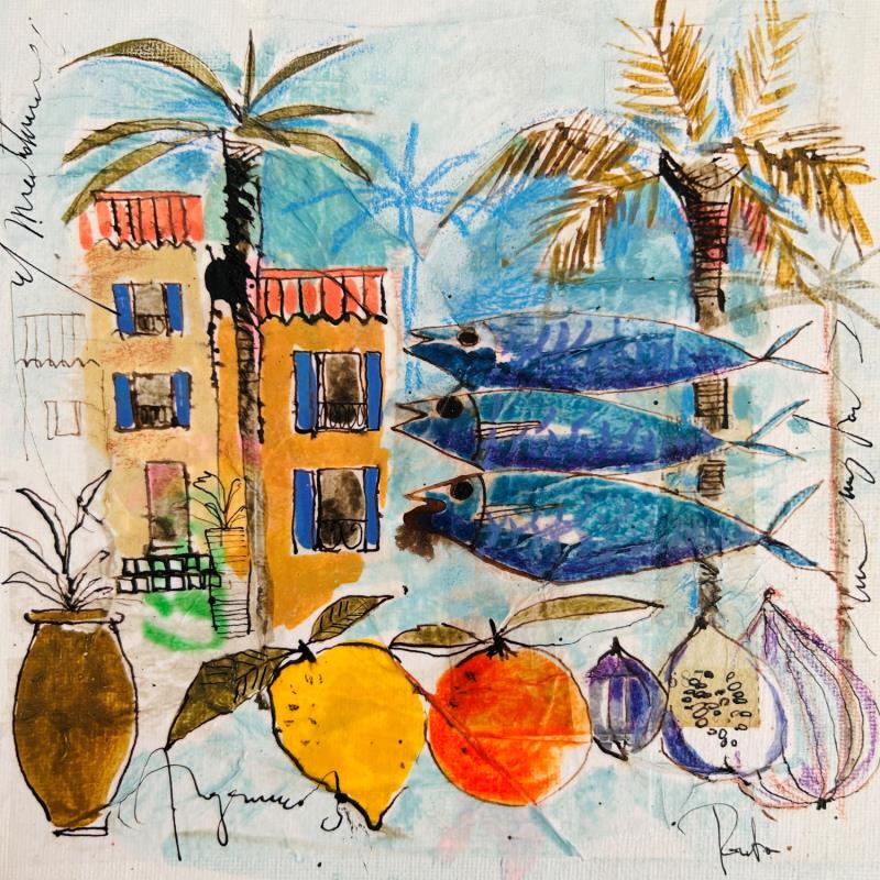 Gemälde Les 3 sardines von Colombo Cécile | Gemälde Naive Kunst Acryl, Aquarell, Collage, Pastell, Tinte Alltagsszenen, Landschaften, Natur, Pop-Ikonen