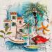 Peinture Au port par Colombo Cécile | Tableau Art naïf Paysages Nature Scènes de vie Aquarelle Acrylique Collage Encre Pastel