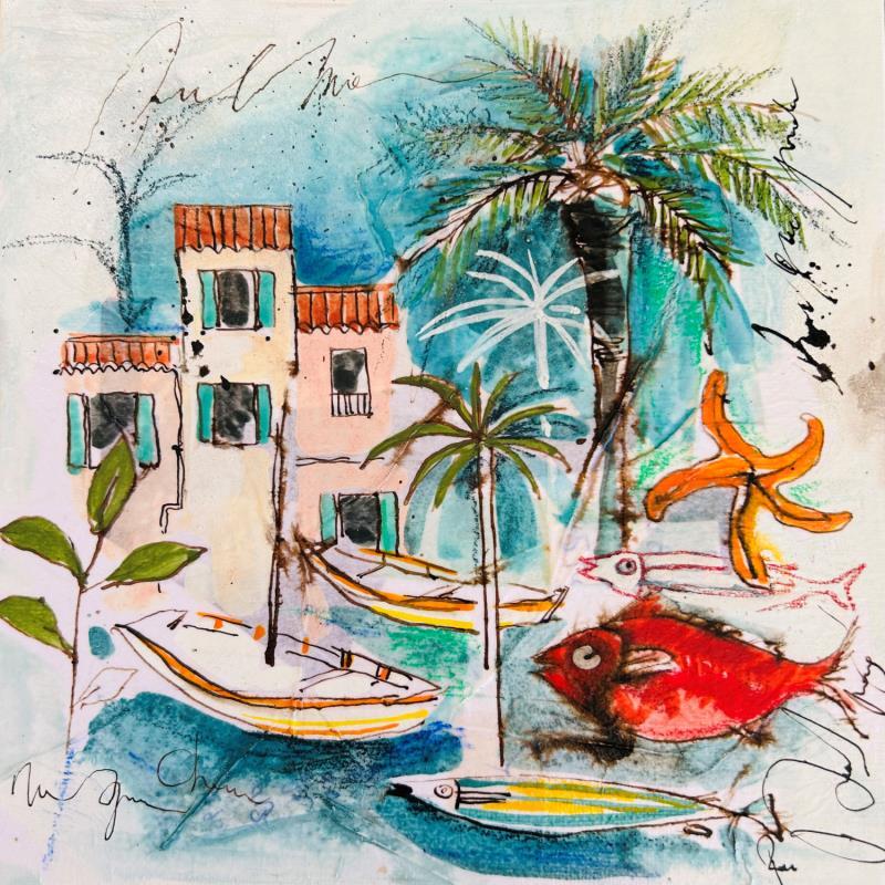Gemälde Au port von Colombo Cécile | Gemälde Naive Kunst Acryl, Aquarell, Collage, Pastell, Tinte Alltagsszenen, Landschaften, Natur, Pop-Ikonen