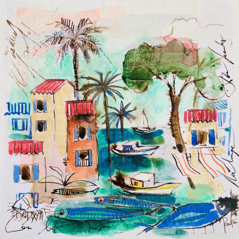 Painting Vert émeraude by Colombo Cécile | Painting Naive art Landscapes Marine Life style Watercolor Acrylic Gluing Ink Pastel