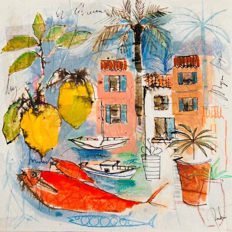 Gemälde Le jus des citrons von Colombo Cécile | Gemälde Naive Kunst Landschaften Natur Alltagsszenen Aquarell Acryl Collage Tinte Pastell