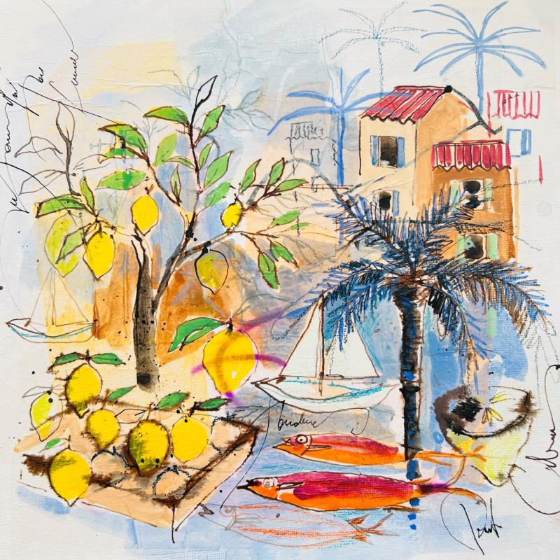 Painting La canette de citrons by Colombo Cécile | Painting Naive art Landscapes Nature Life style Watercolor Acrylic Gluing Ink Pastel